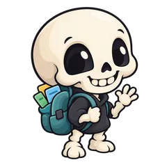 skl's mascot, a cartoon skull waving and carrying a backpack full of skill cards